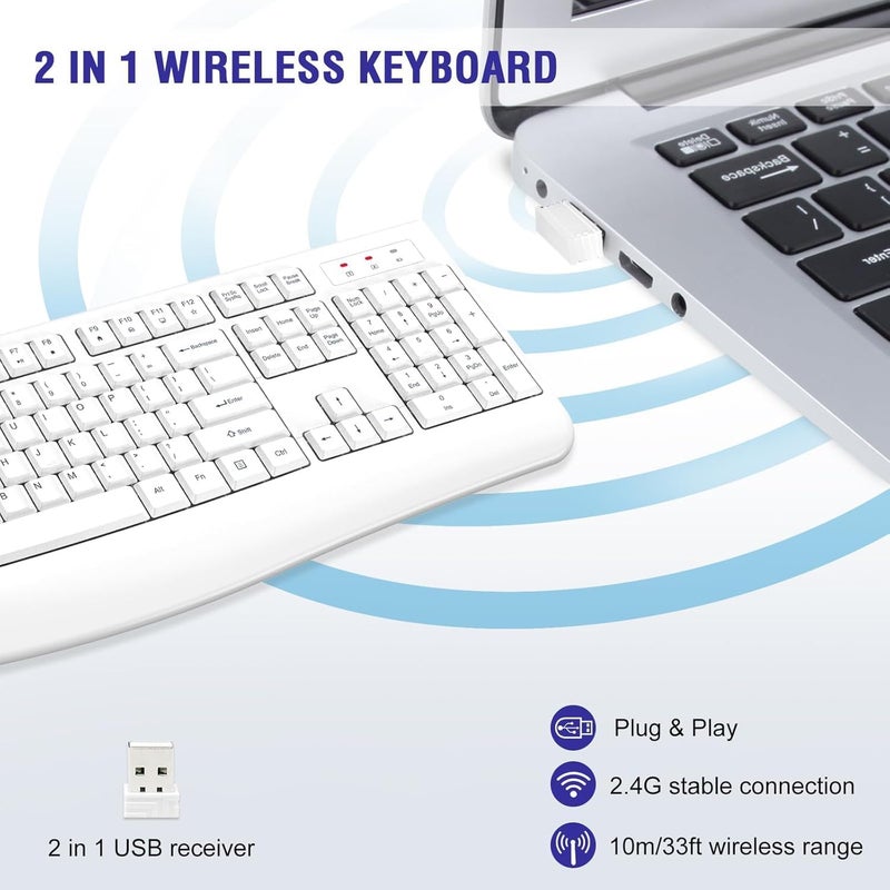 QUASIO Wireless Keyboard, 2.4G Full-Sized Ergonomic Wireless Computer Keyboard with Wrist Rest for Windows, Mac OS Laptop/PC/Desktop/Notebook(Off White) - Image 3
